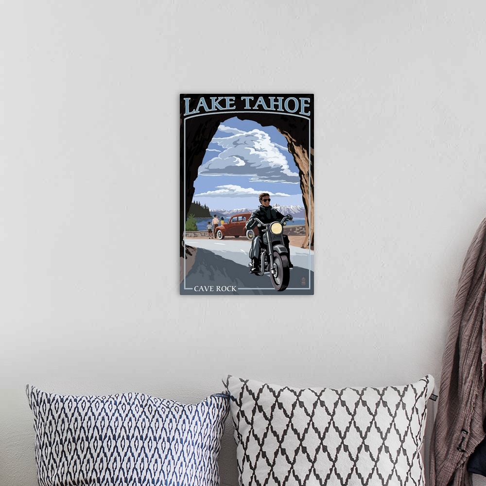 A bohemian room featuring Lake Tahoe, California - Motorcycle Scene: Retro Travel Poster