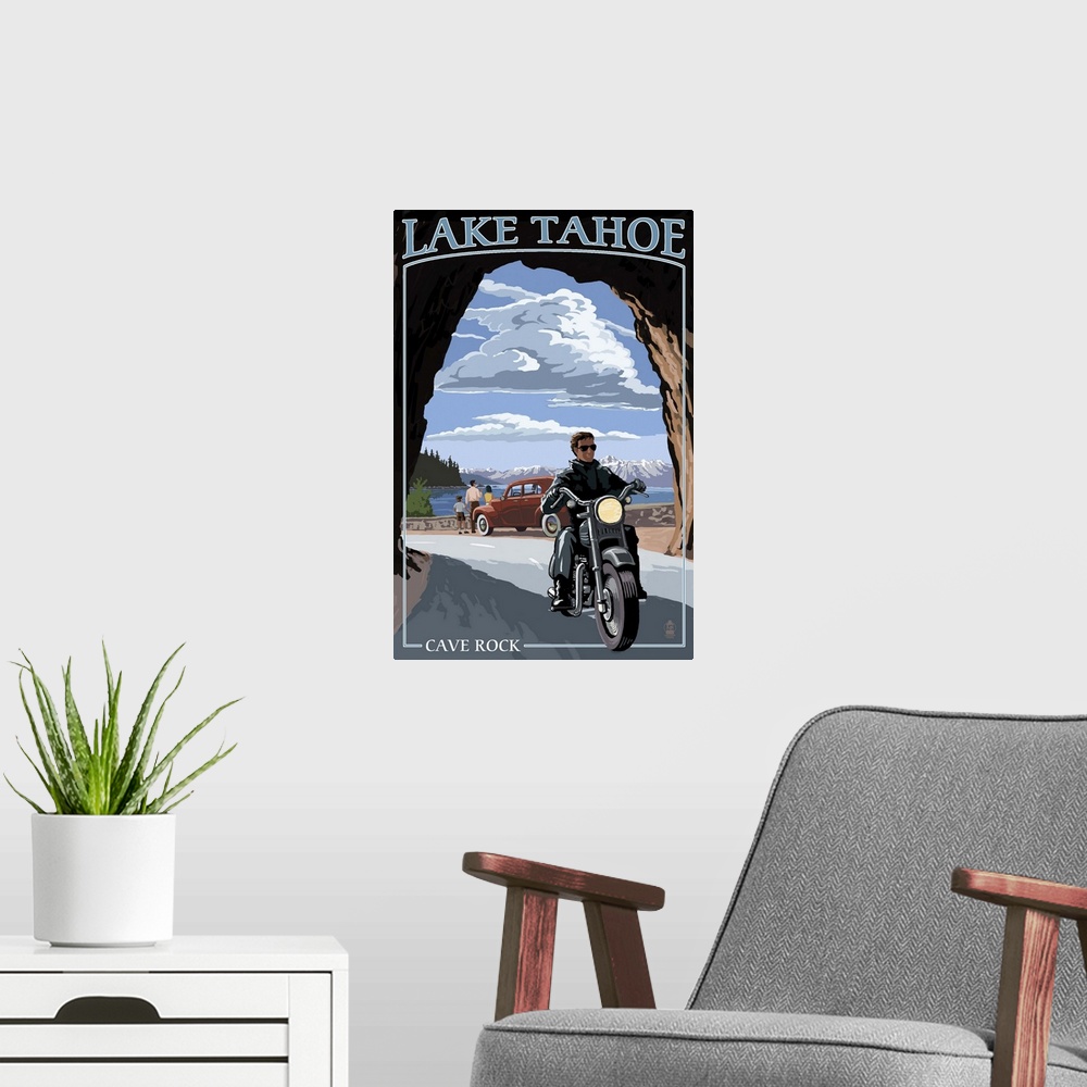 A modern room featuring Lake Tahoe, California - Motorcycle Scene: Retro Travel Poster