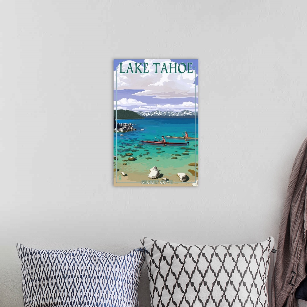 A bohemian room featuring Lake Tahoe - Kayakers in Secret Cove: Retro Travel Poster
