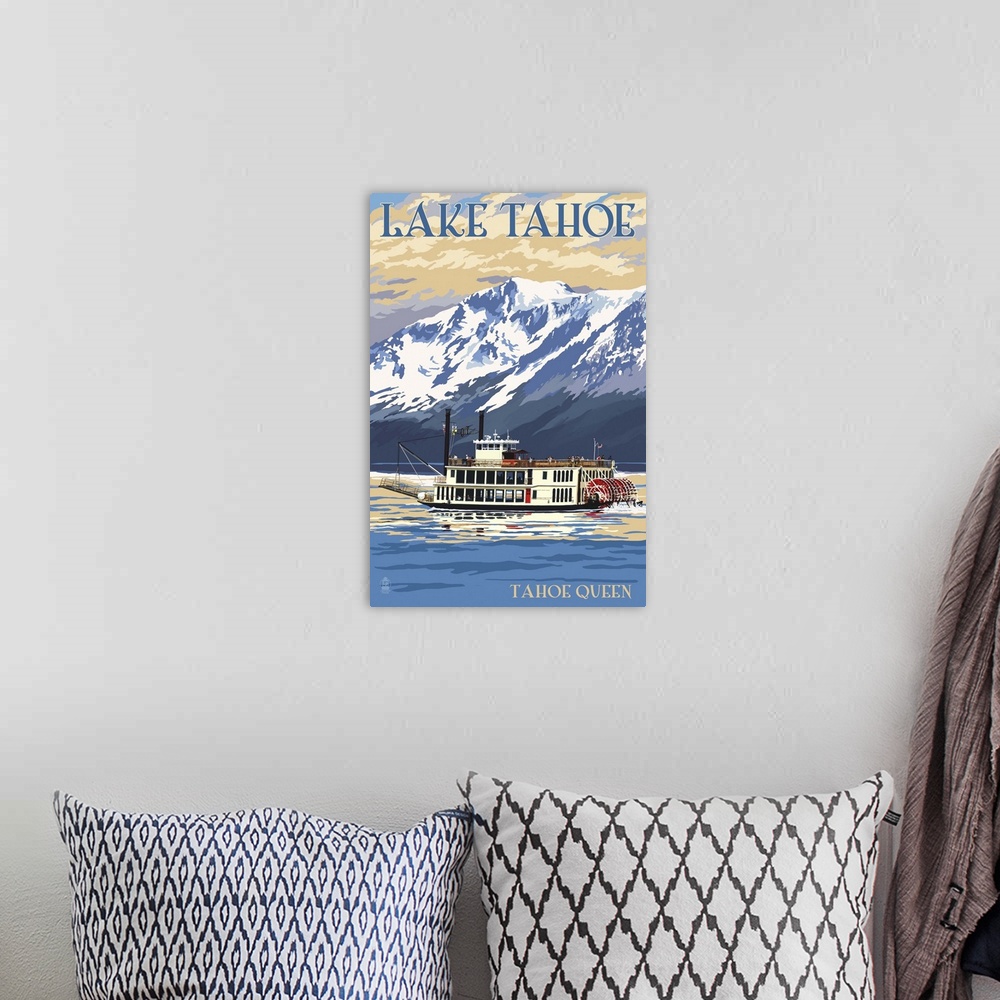 A bohemian room featuring Lake Tahoe - Tahoe Queen Paddleboat: Retro Travel Poster