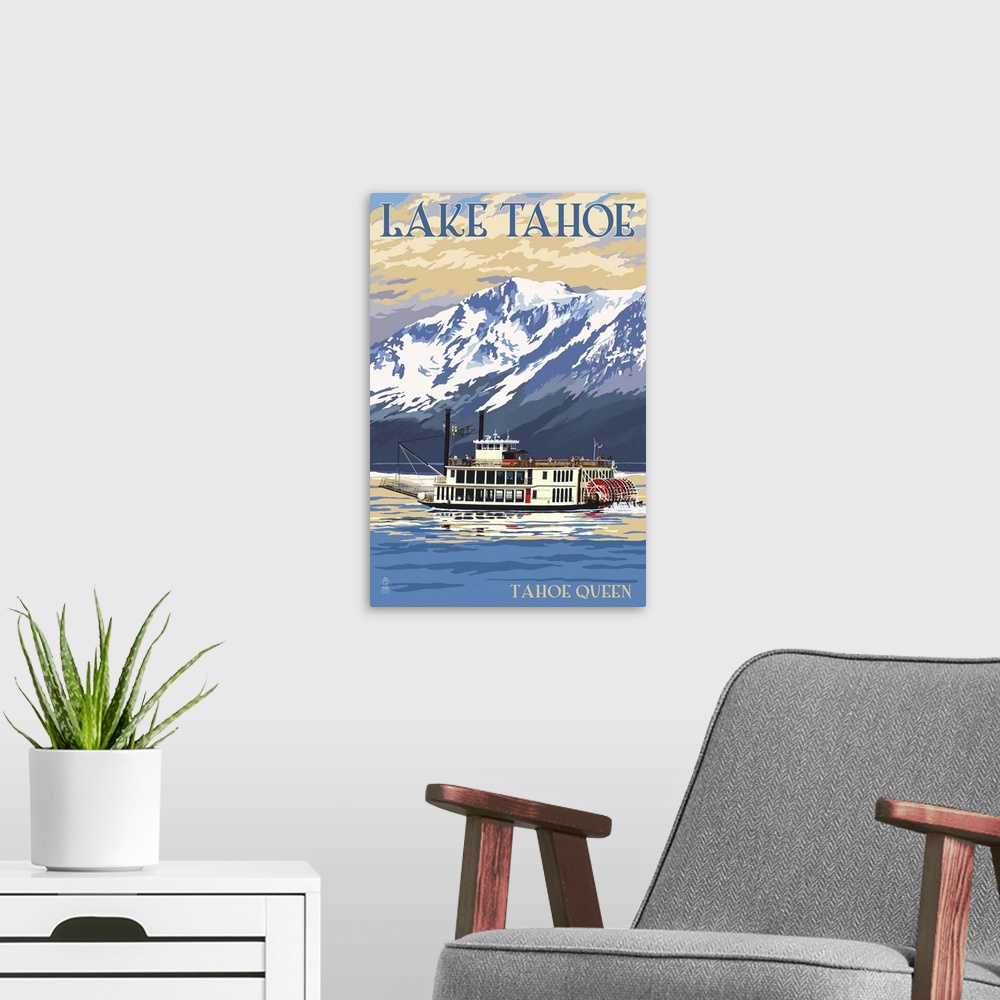 A modern room featuring Lake Tahoe - Tahoe Queen Paddleboat: Retro Travel Poster