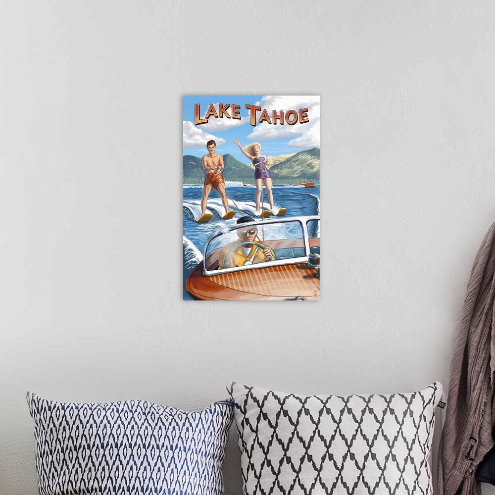 A bohemian room featuring Lake Tahoe - Water Skiing Scene: Retro Travel Poster