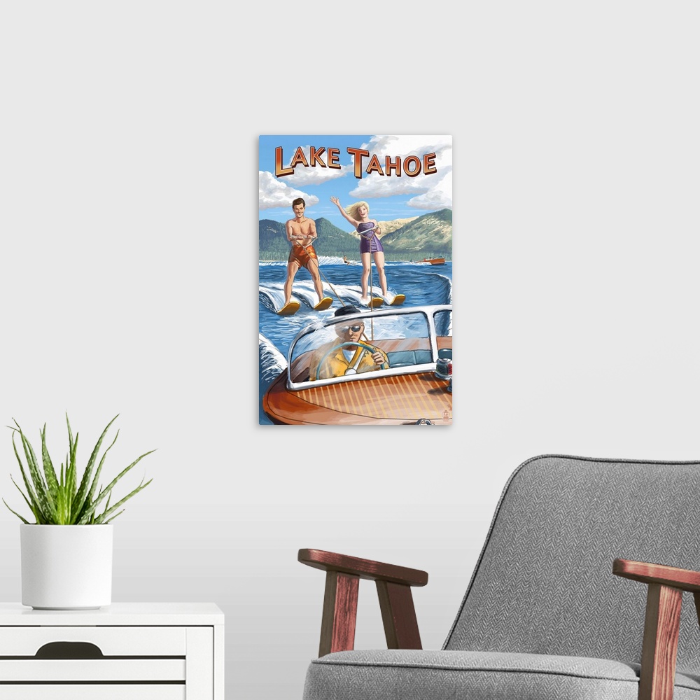 A modern room featuring Lake Tahoe - Water Skiing Scene: Retro Travel Poster