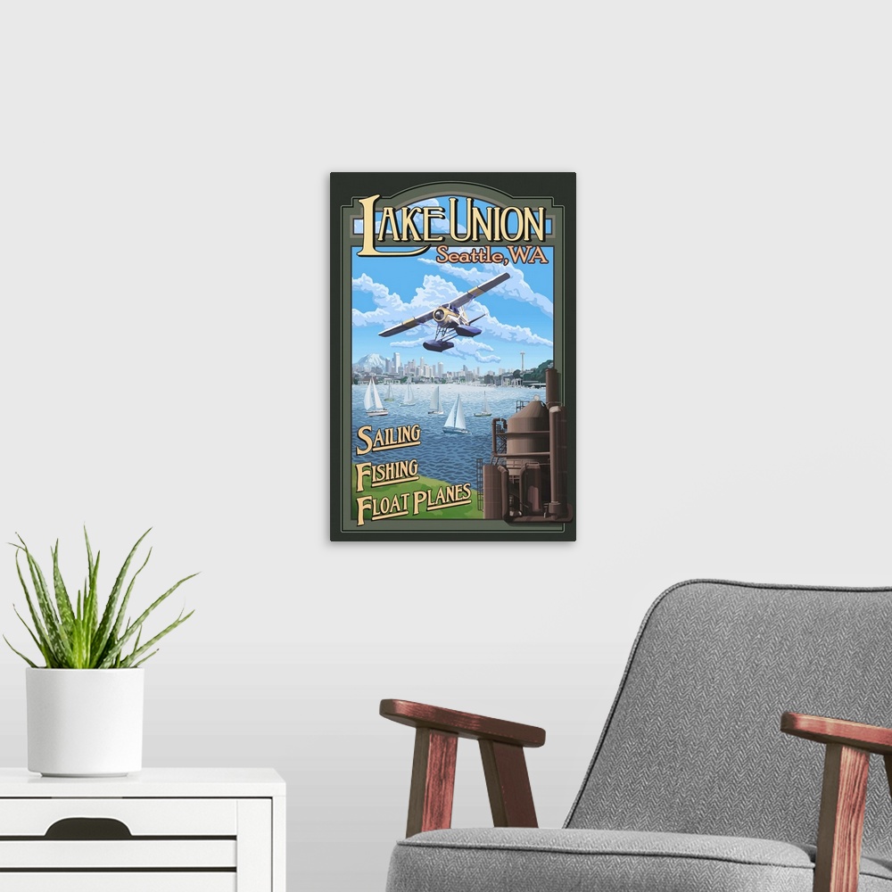 A modern room featuring Lake Union - Seattle: Retro Travel Poster