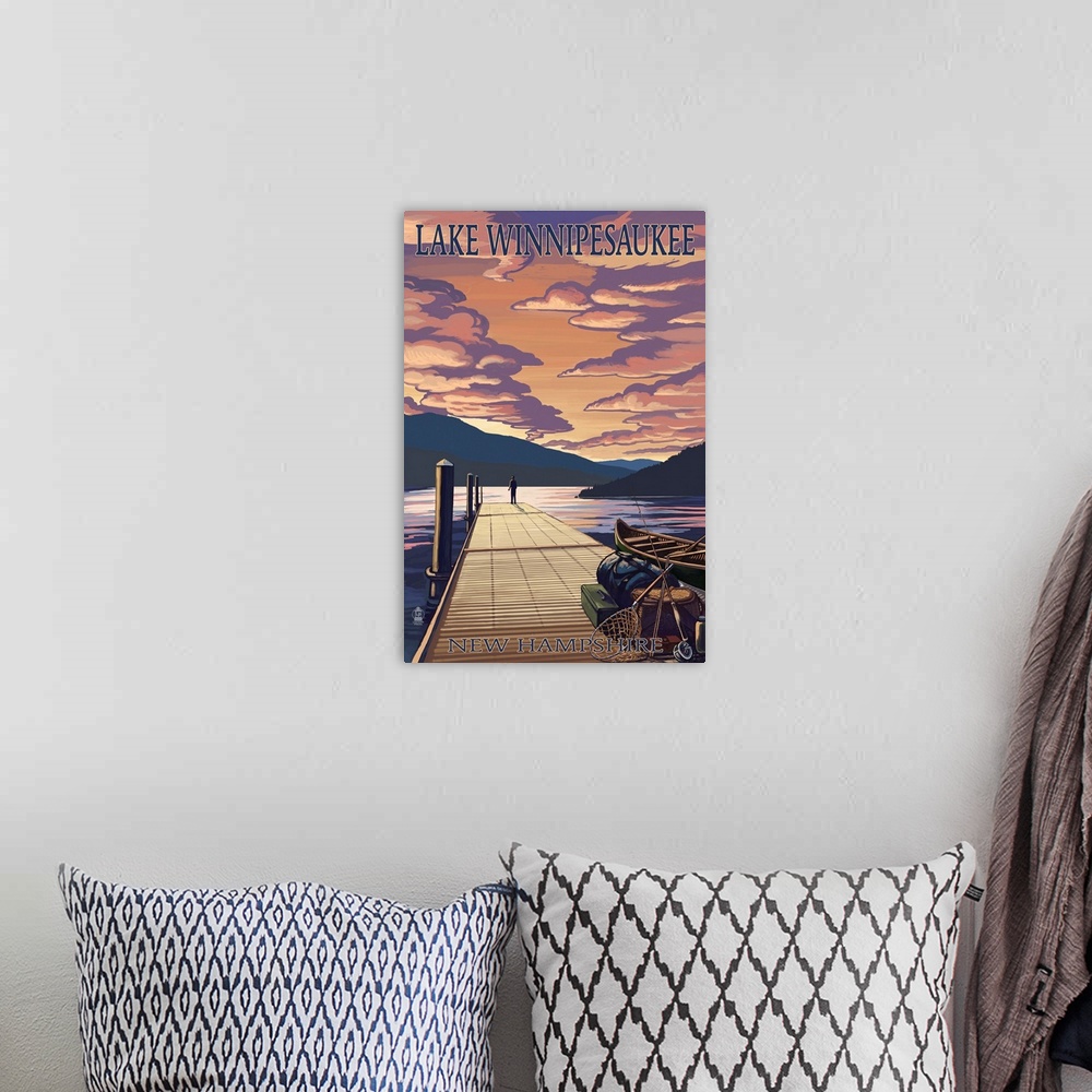 A bohemian room featuring Lake Winnipesaukee, New Hampshire - Dock Scene at Sunset: Retro Travel Poster