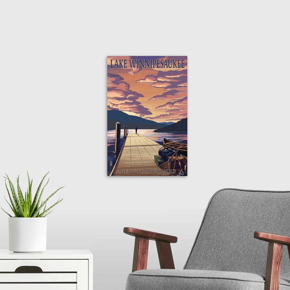 A modern room featuring Lake Winnipesaukee, New Hampshire - Dock Scene at Sunset: Retro Travel Poster