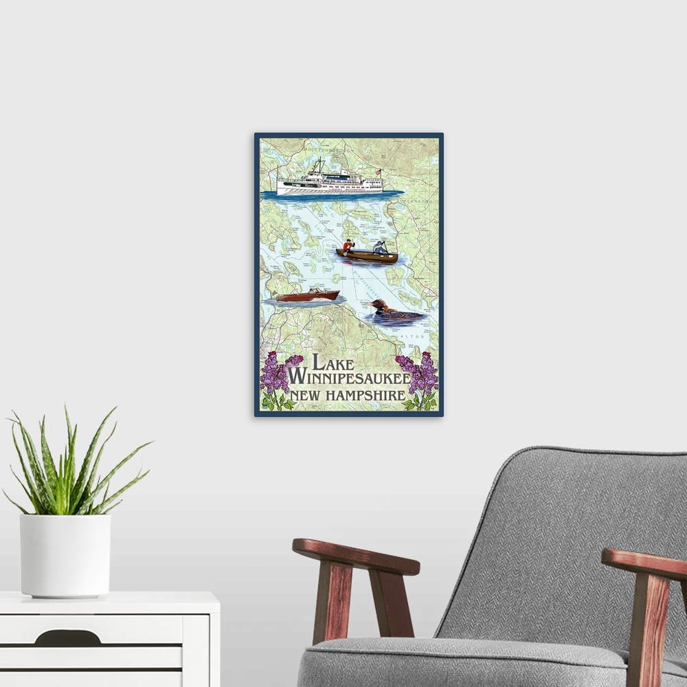 A modern room featuring Lake Winnipesaukee, New Hampshire - Lake Chart: Retro Travel Poster