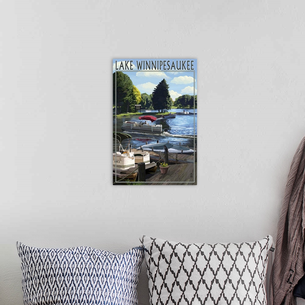 A bohemian room featuring Lake Winnipesaukee, New Hampshire - Pontoon and Lake: Retro Travel Poster