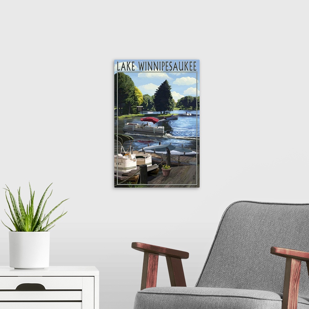 A modern room featuring Lake Winnipesaukee, New Hampshire - Pontoon and Lake: Retro Travel Poster