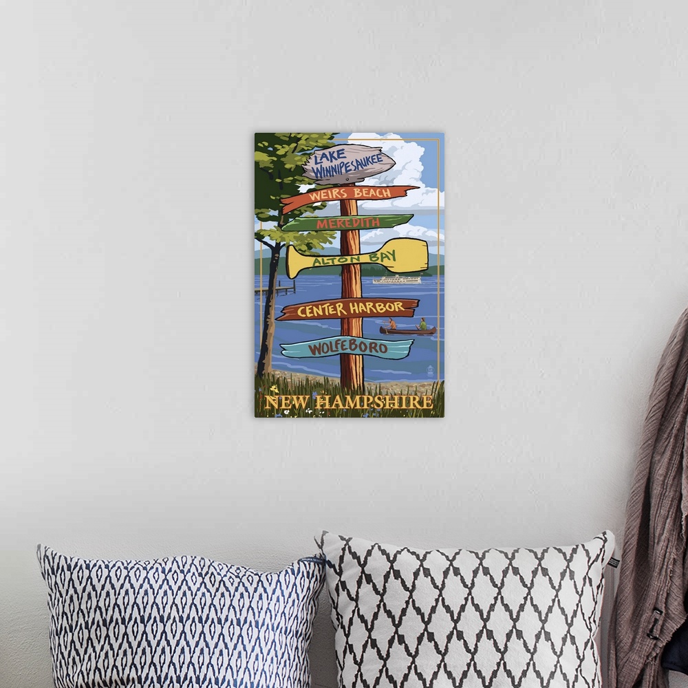 A bohemian room featuring Lake Winnipesaukee, New Hampshire - Signpost Destinations: Retro Travel Poster