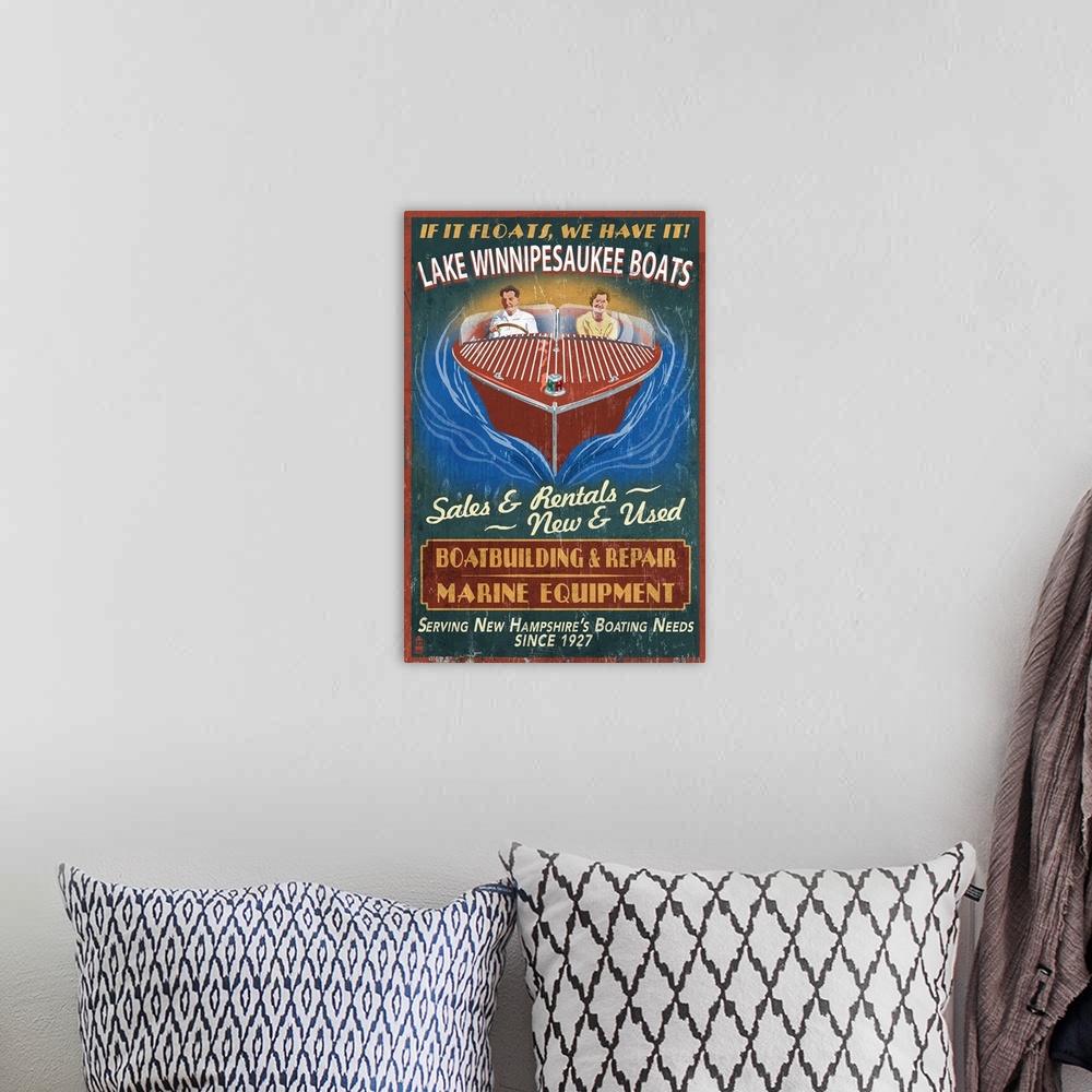 A bohemian room featuring Lake Winnipesaukee, New Hampshire - Vintage Boat Sign: Retro Travel Poster