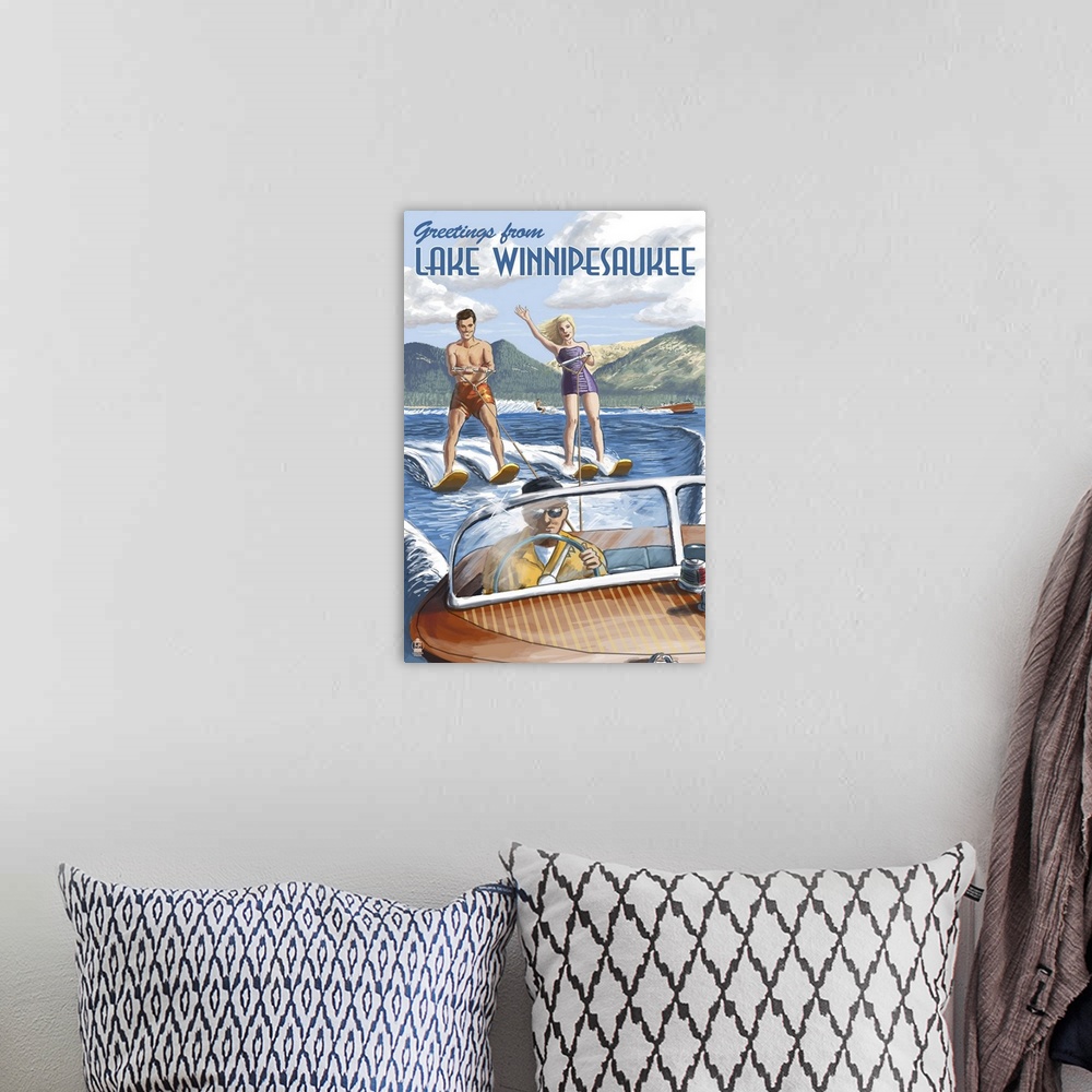 A bohemian room featuring Lake Winnipesaukee, New Hampshire - Water Skiing Scene: Retro Travel Poster