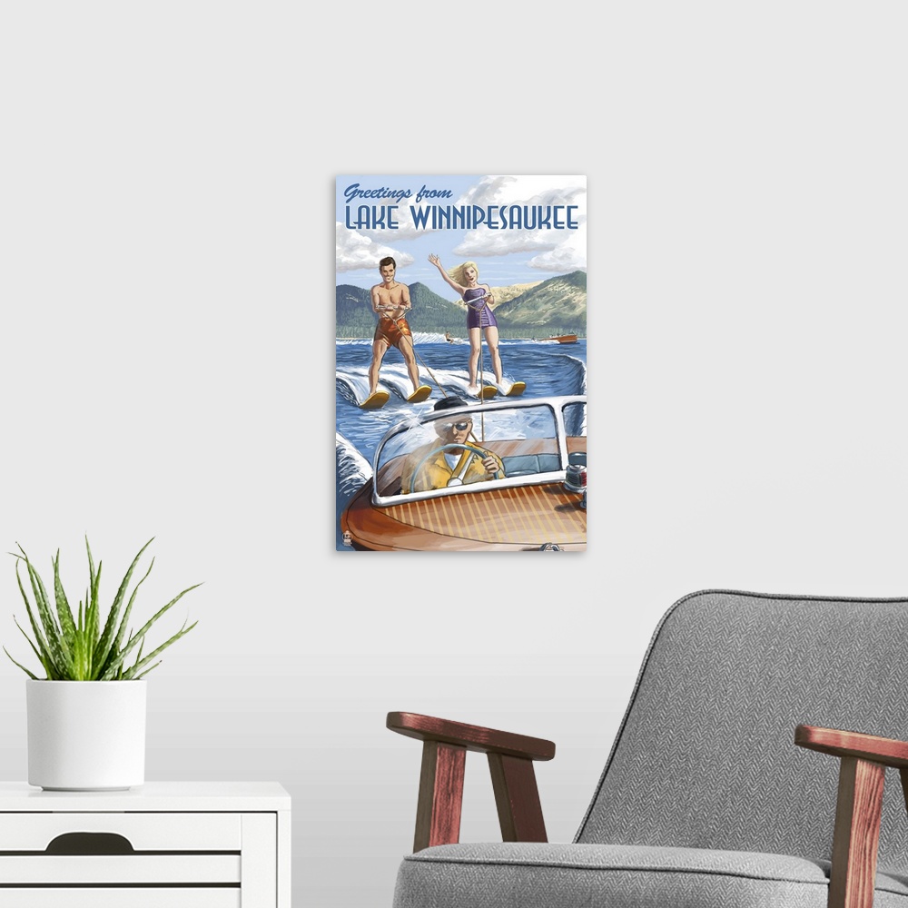 A modern room featuring Lake Winnipesaukee, New Hampshire - Water Skiing Scene: Retro Travel Poster