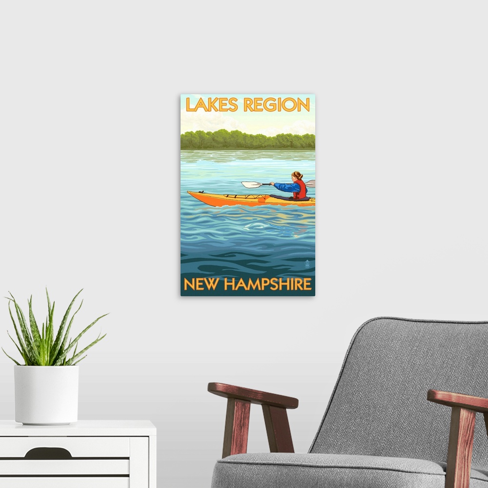 A modern room featuring Retro stylized art poster of a woman in a kayak on a clear blue lake.