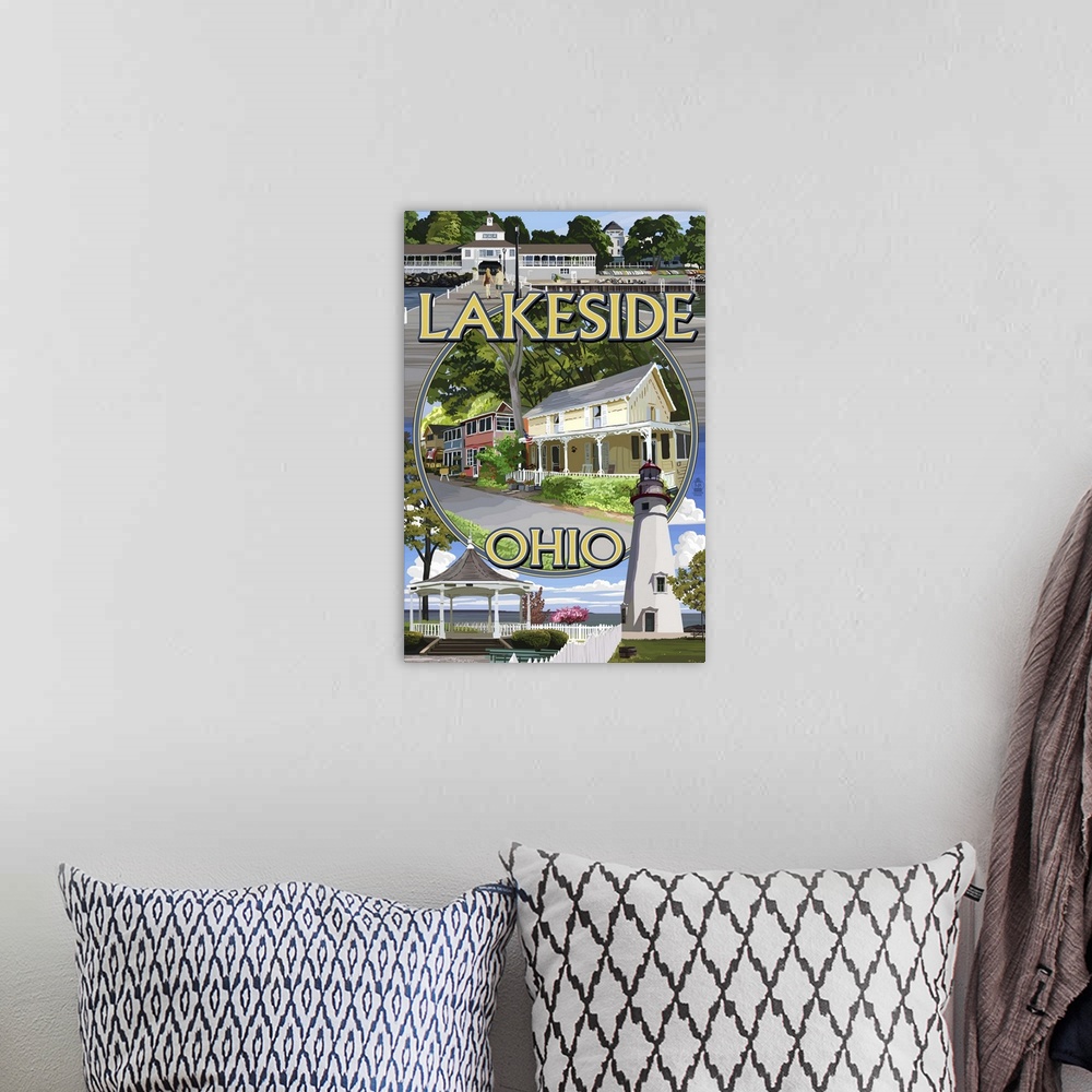 A bohemian room featuring Retro stylized art poster of a montage of image of a coastal town.
