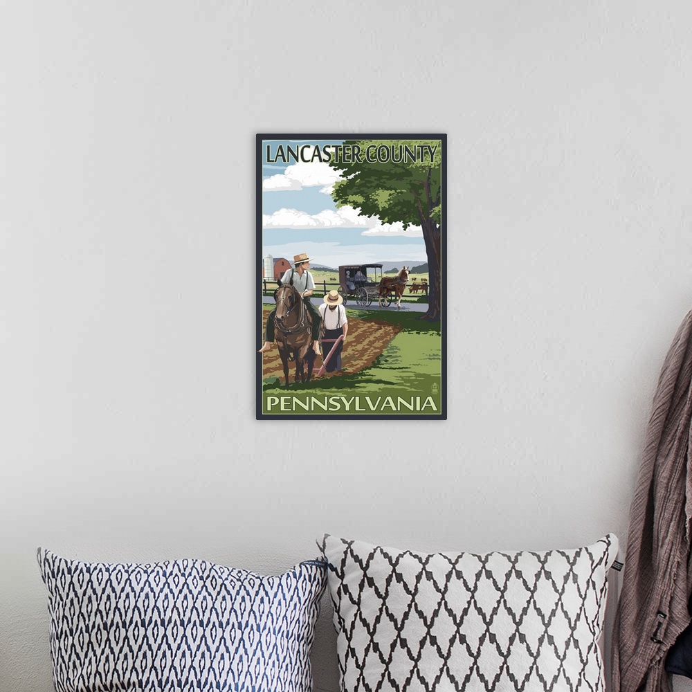 A bohemian room featuring Lancaster County, Pennsylvania - Amish Farm Scene: Retro Travel Poster