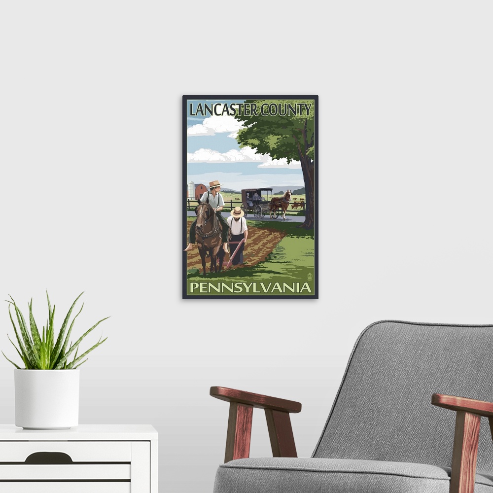 A modern room featuring Lancaster County, Pennsylvania - Amish Farm Scene: Retro Travel Poster