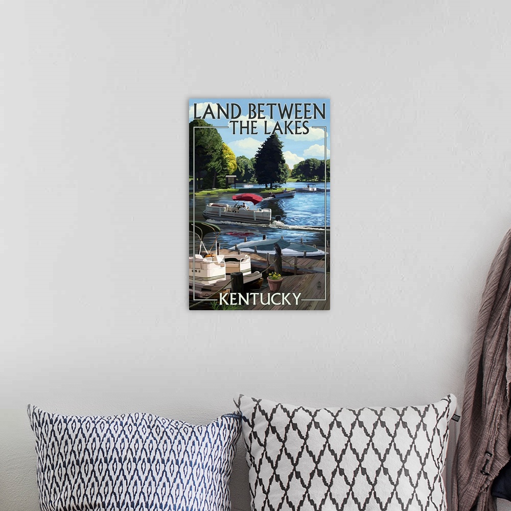 A bohemian room featuring Land Between the Lakes, Kentucky - Pontoon Boats : Retro Travel Poster