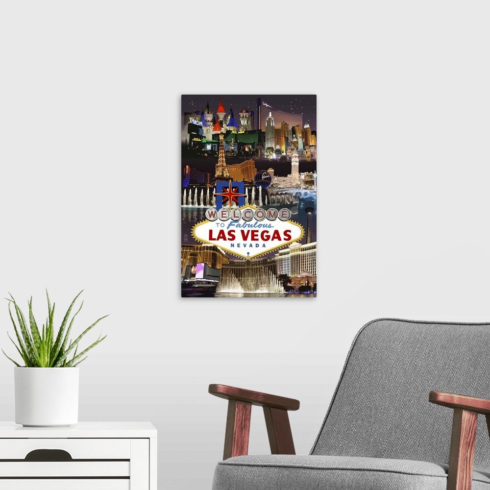 A modern room featuring Las Vegas Casinos and Hotels Montage: Retro Travel Poster