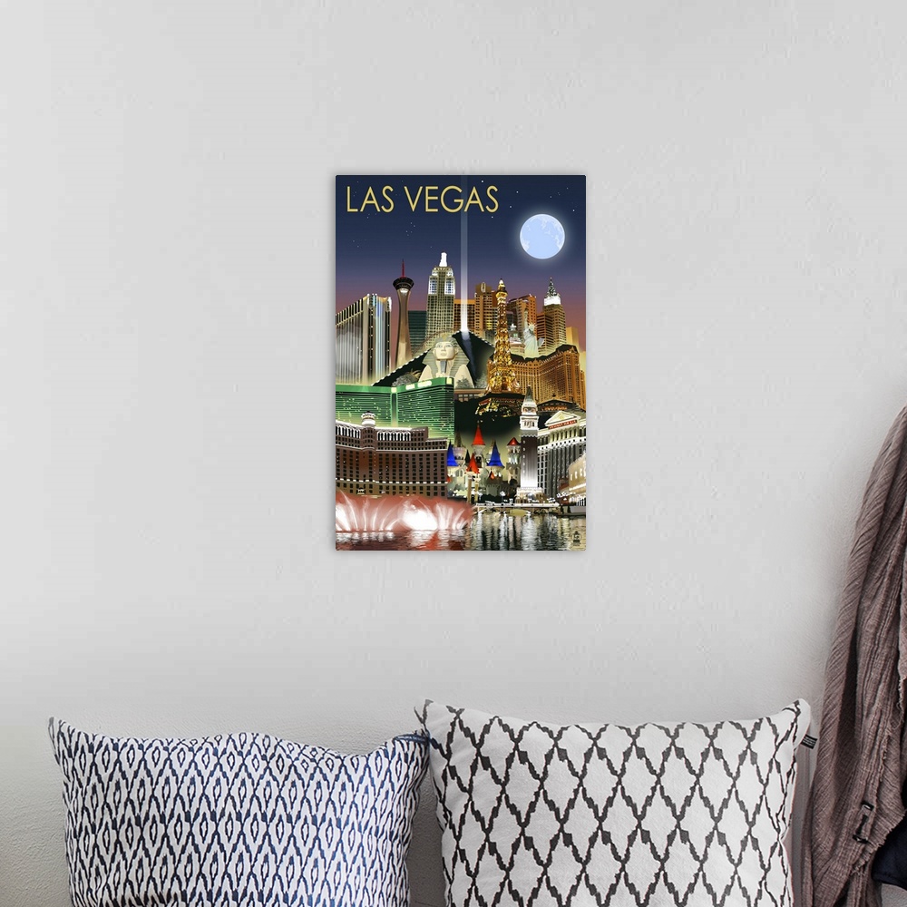 A bohemian room featuring Las Vegas, Nevada - Las Vegas at Night: Retro Travel Poster