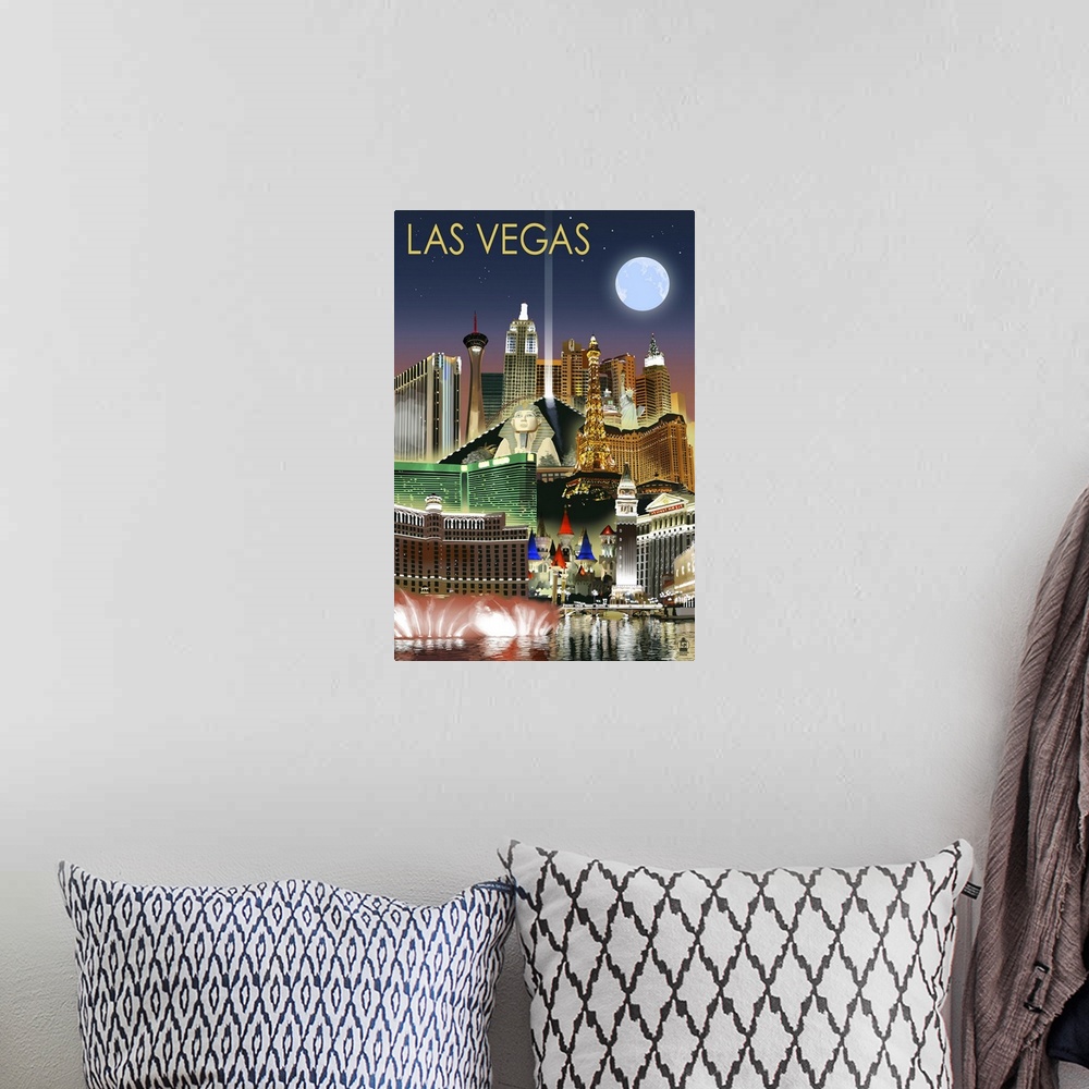 A bohemian room featuring Las Vegas, Nevada - Las Vegas at Night: Retro Travel Poster