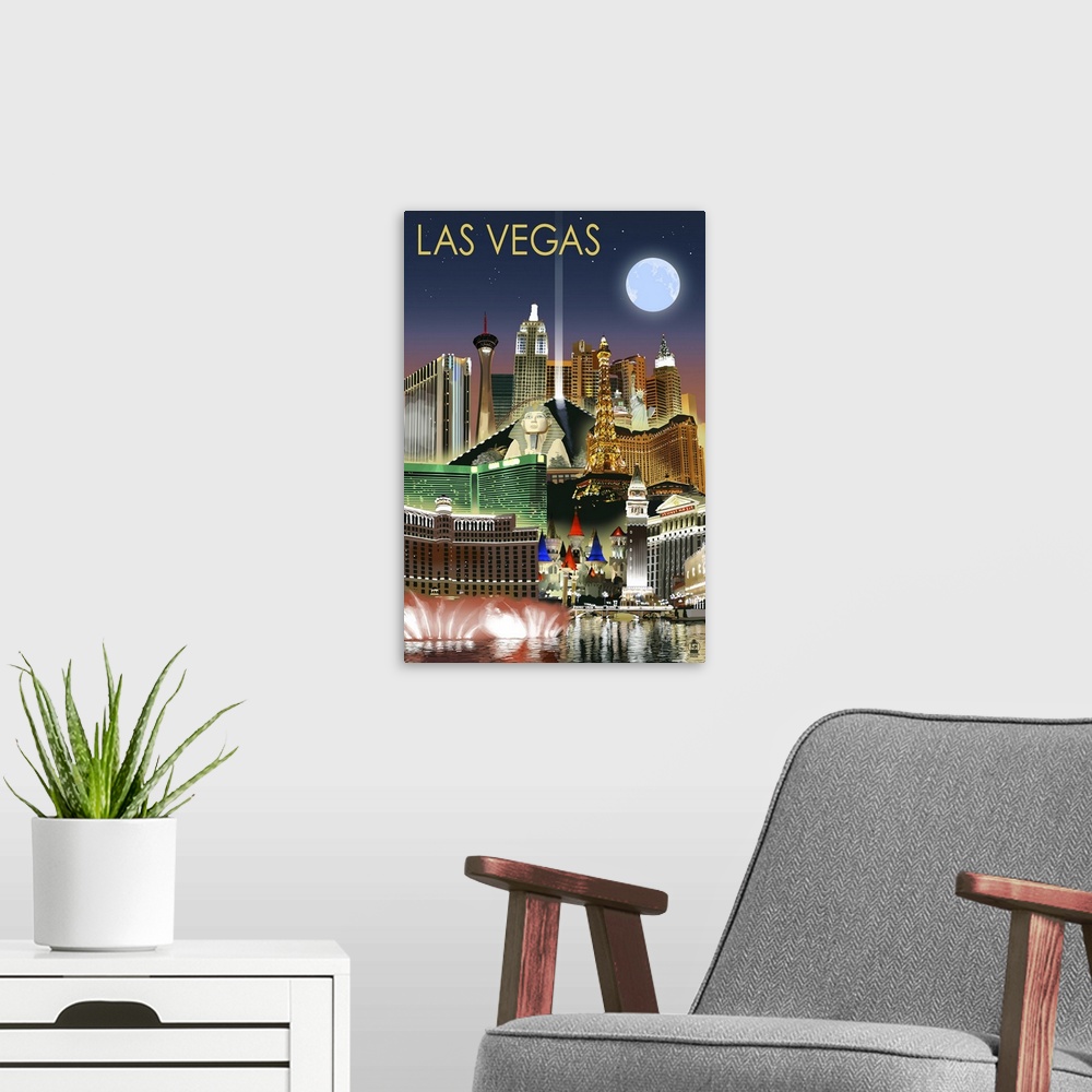 A modern room featuring Las Vegas, Nevada - Las Vegas at Night: Retro Travel Poster