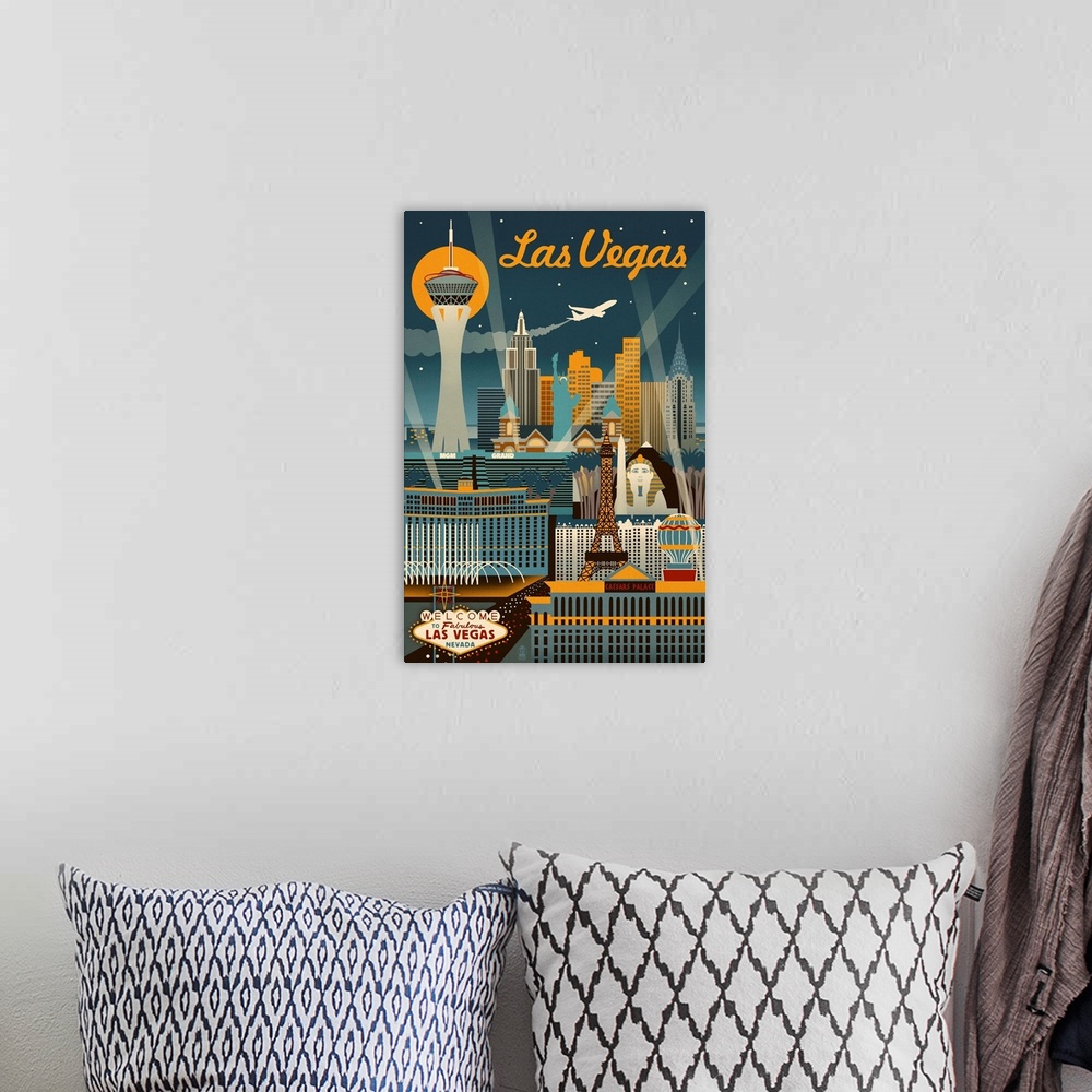 A bohemian room featuring Las Vegas, Nevada - Retro Skyline: Retro Travel Poster