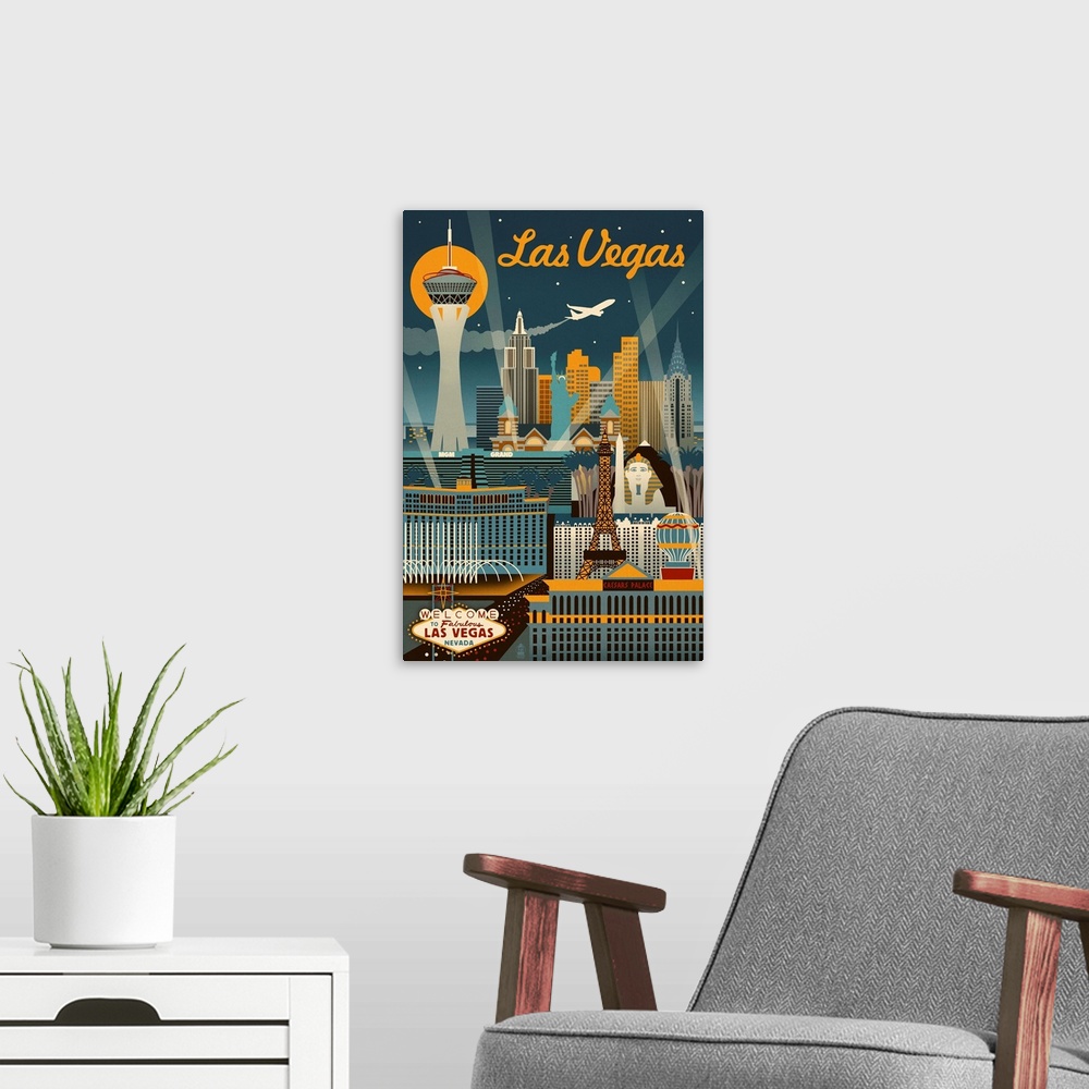 A modern room featuring Las Vegas, Nevada - Retro Skyline: Retro Travel Poster