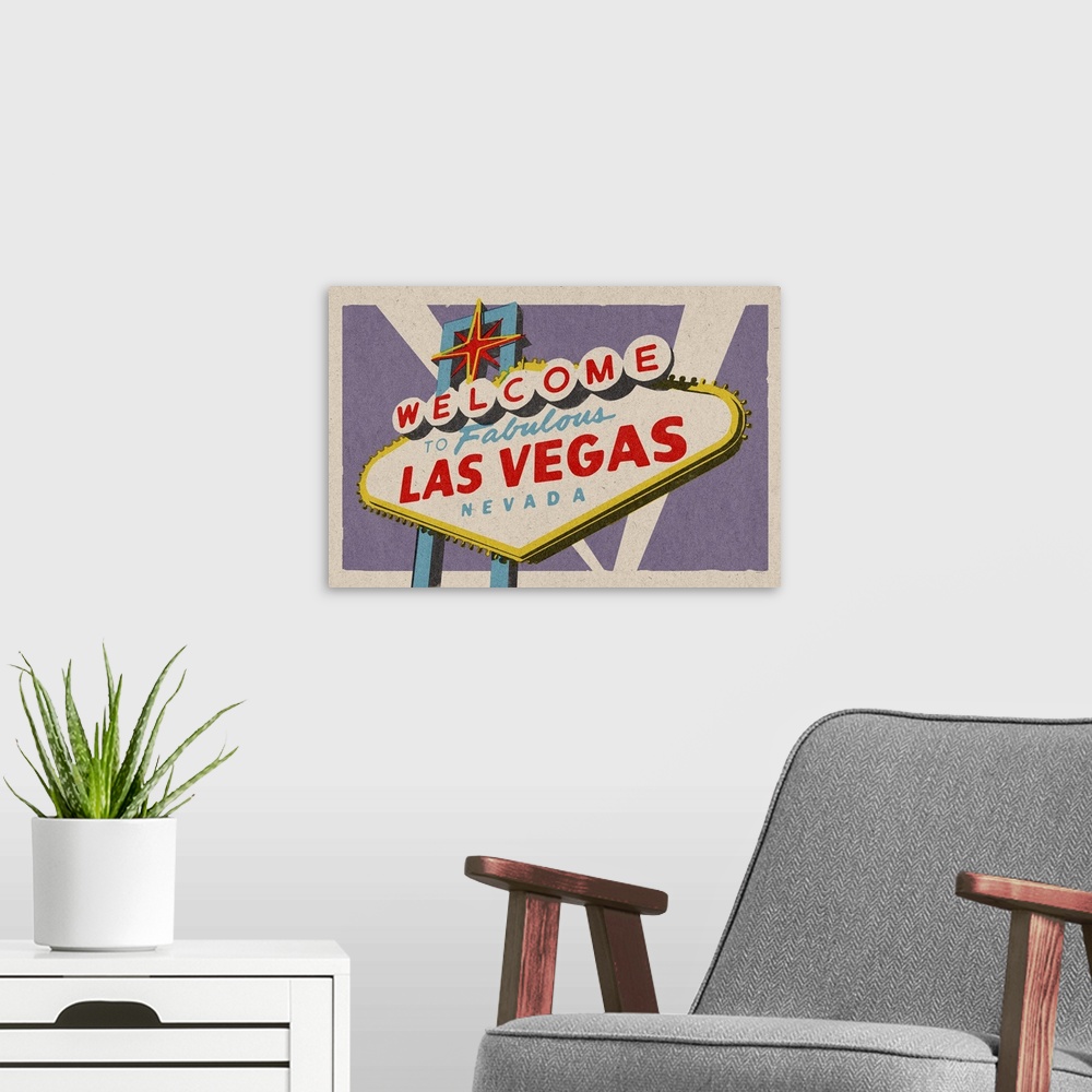A modern room featuring Las Vegas, Nevada - Welcome Sign Woodblock: Retro Travel Poster