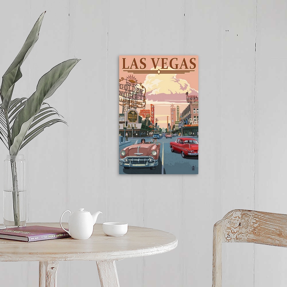 A farmhouse room featuring Retro stylized art poster of a city scene, with cars driving down the road alongside of casinos.