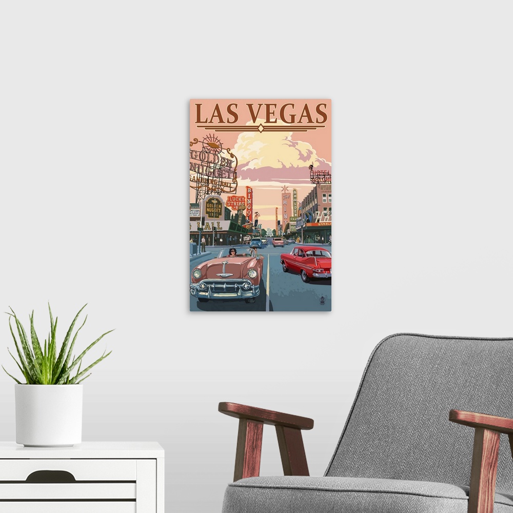 A modern room featuring Retro stylized art poster of a city scene, with cars driving down the road alongside of casinos.
