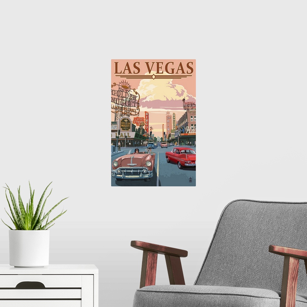 A modern room featuring Retro stylized art poster of a city scene, with cars driving down the road alongside of casinos.