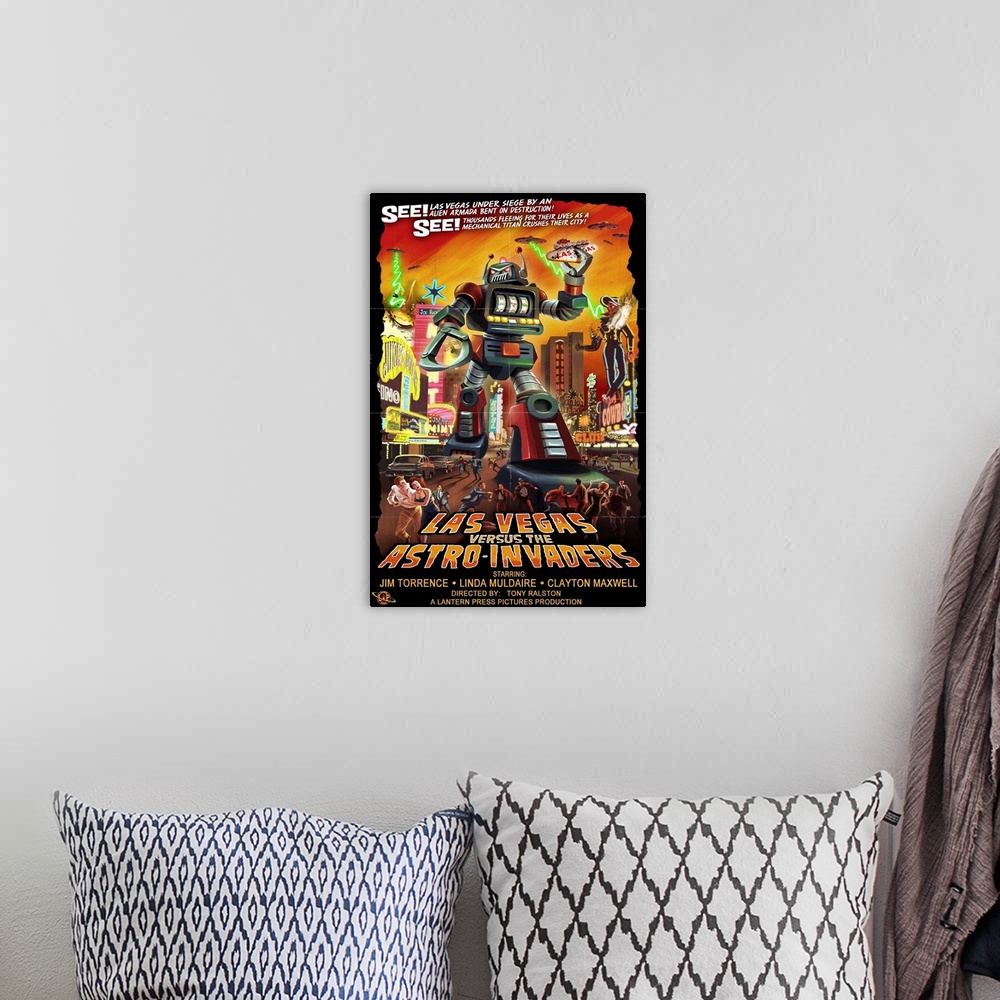 A bohemian room featuring Retro stylized art poster of robot space invader terrorizing a city.