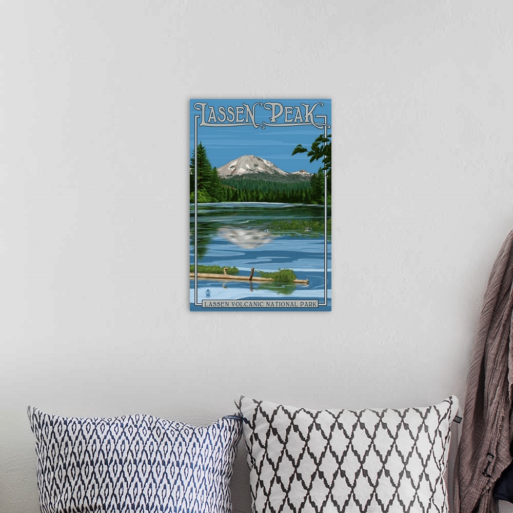 A bohemian room featuring Lassen Peak and Manzanita Lake: Retro Travel Poster