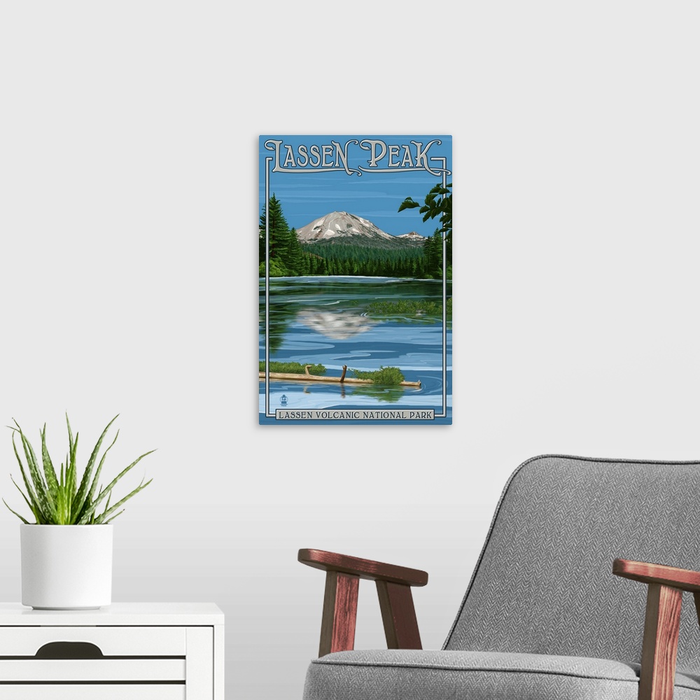 A modern room featuring Lassen Peak and Manzanita Lake: Retro Travel Poster