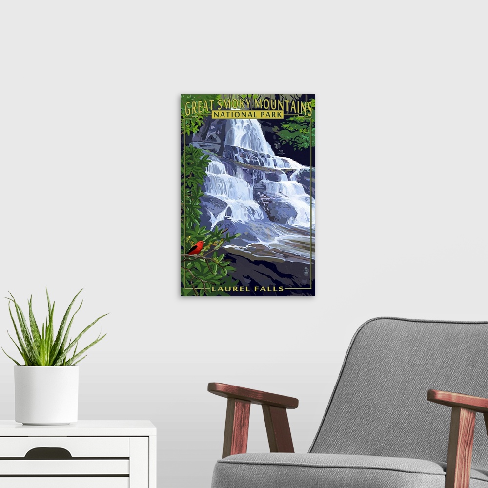 A modern room featuring Laurel Falls - Great Smoky Mountains National Park, TN: Retro Travel Poster