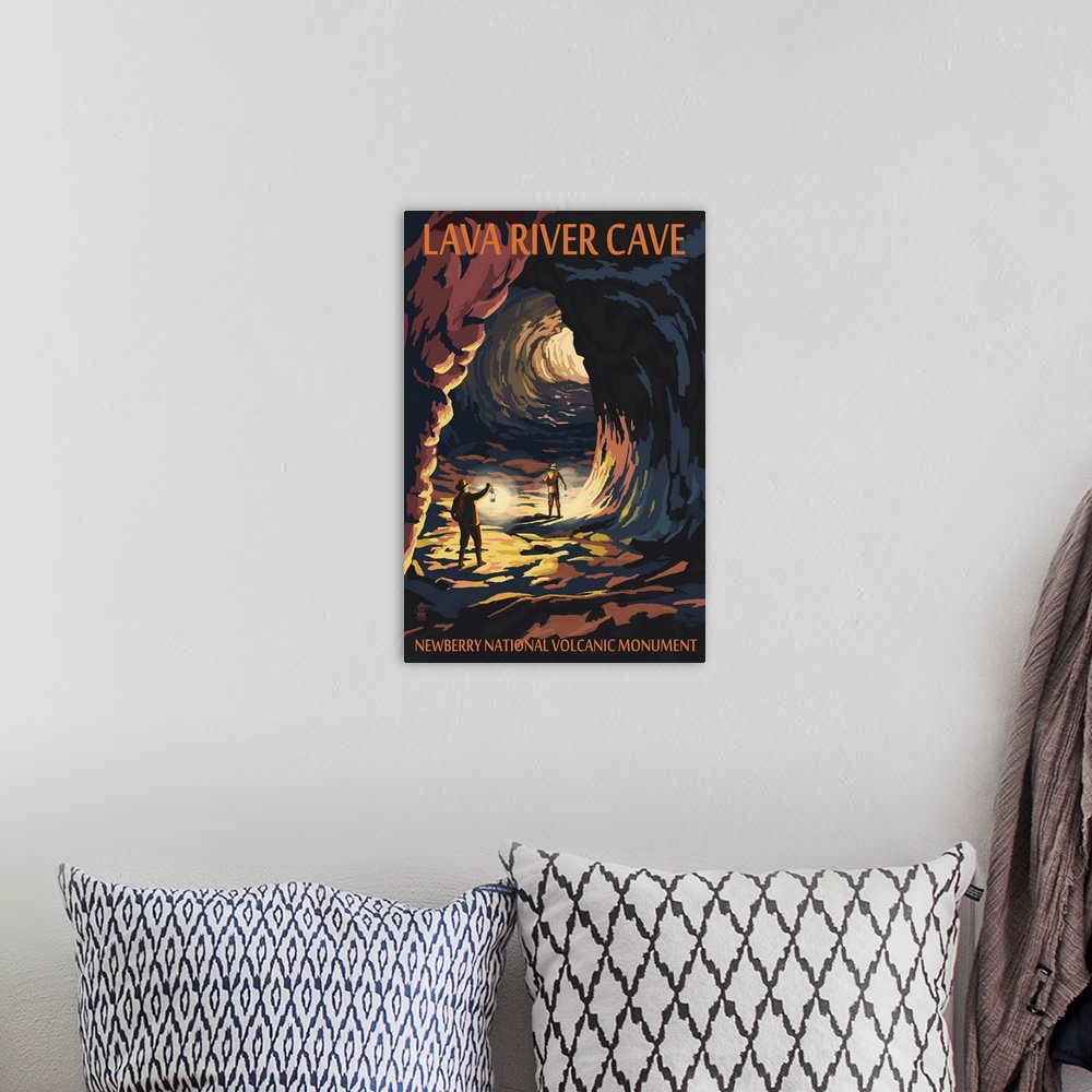 A bohemian room featuring Lava River Cave - Lava Lands, Oregon: Retro Travel Poster