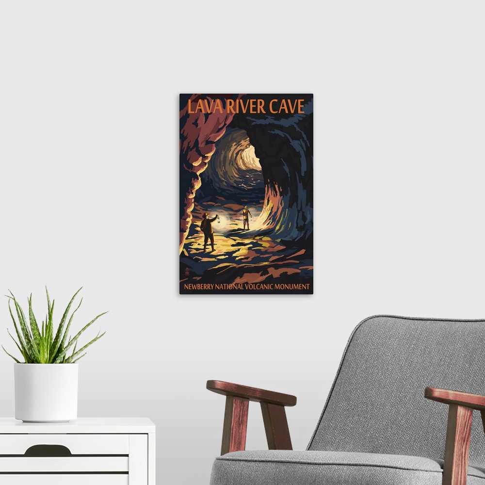 A modern room featuring Lava River Cave - Lava Lands, Oregon: Retro Travel Poster