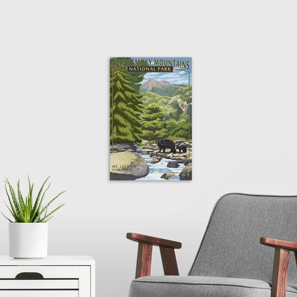A modern room featuring Leconte Creek and Mt. Leconte - Great Smoky Mountains National Park: Retro Travel Poster