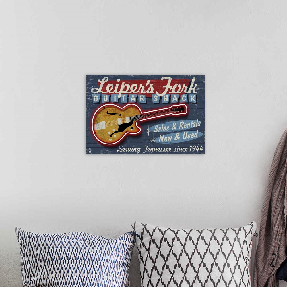 A bohemian room featuring Leiper's Fork, Tennessee - Guitar Shack Vintage Sign: Retro Travel Poster