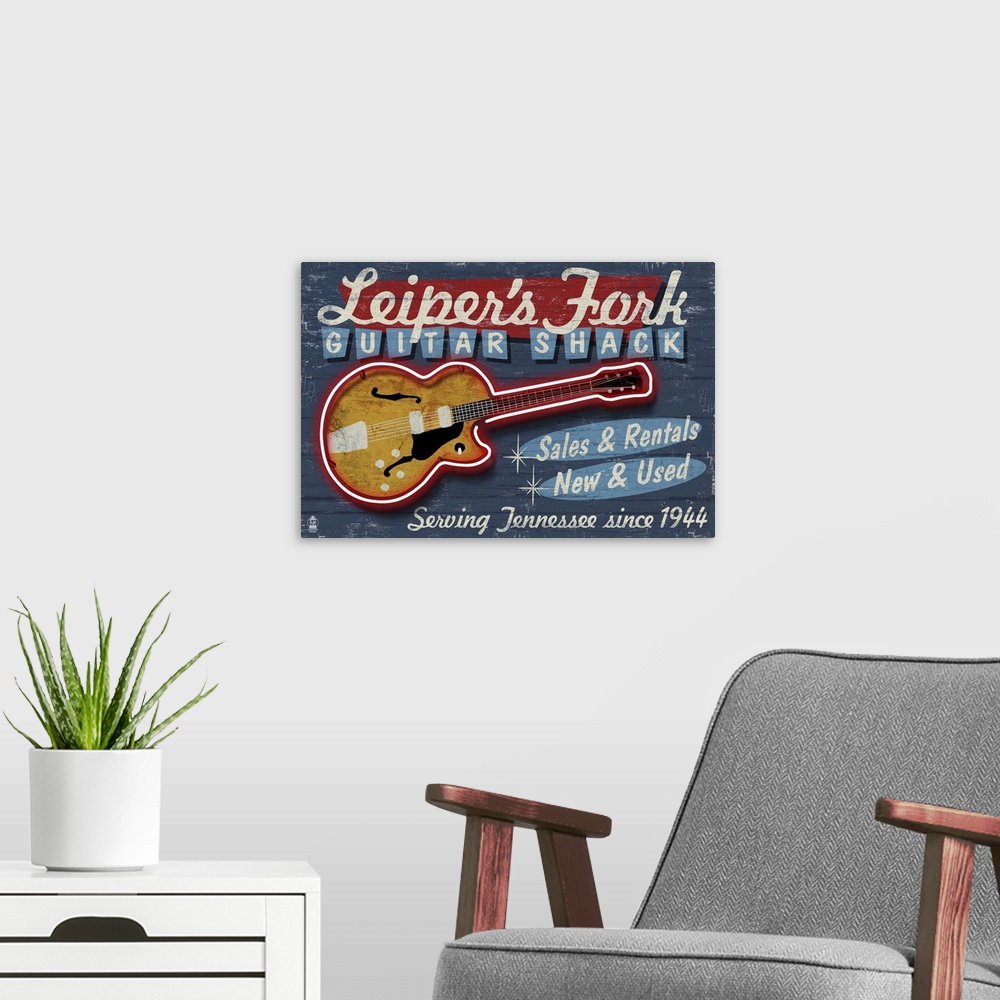 A modern room featuring Leiper's Fork, Tennessee - Guitar Shack Vintage Sign: Retro Travel Poster