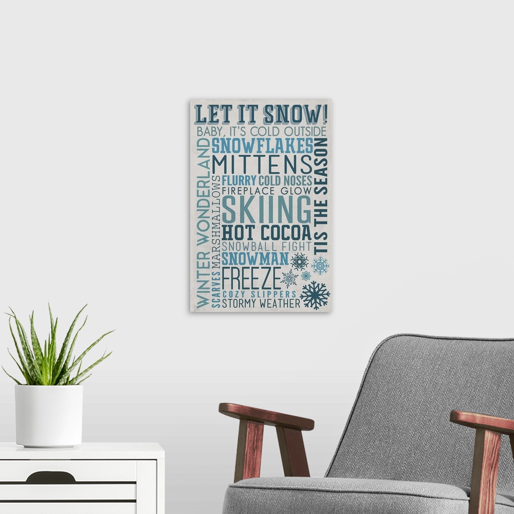 A modern room featuring Let It Snow Typography