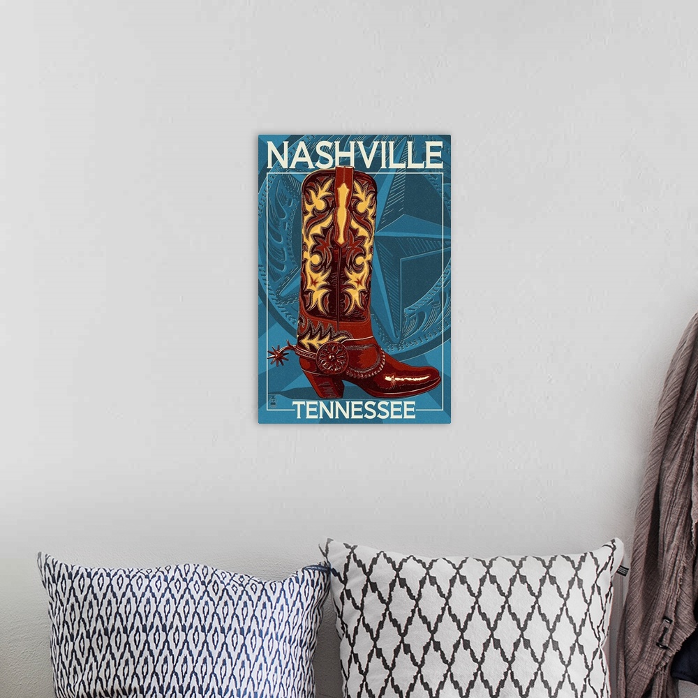 A bohemian room featuring Letterpress Boot - Nashville, Tennessee: Retro Travel Poster