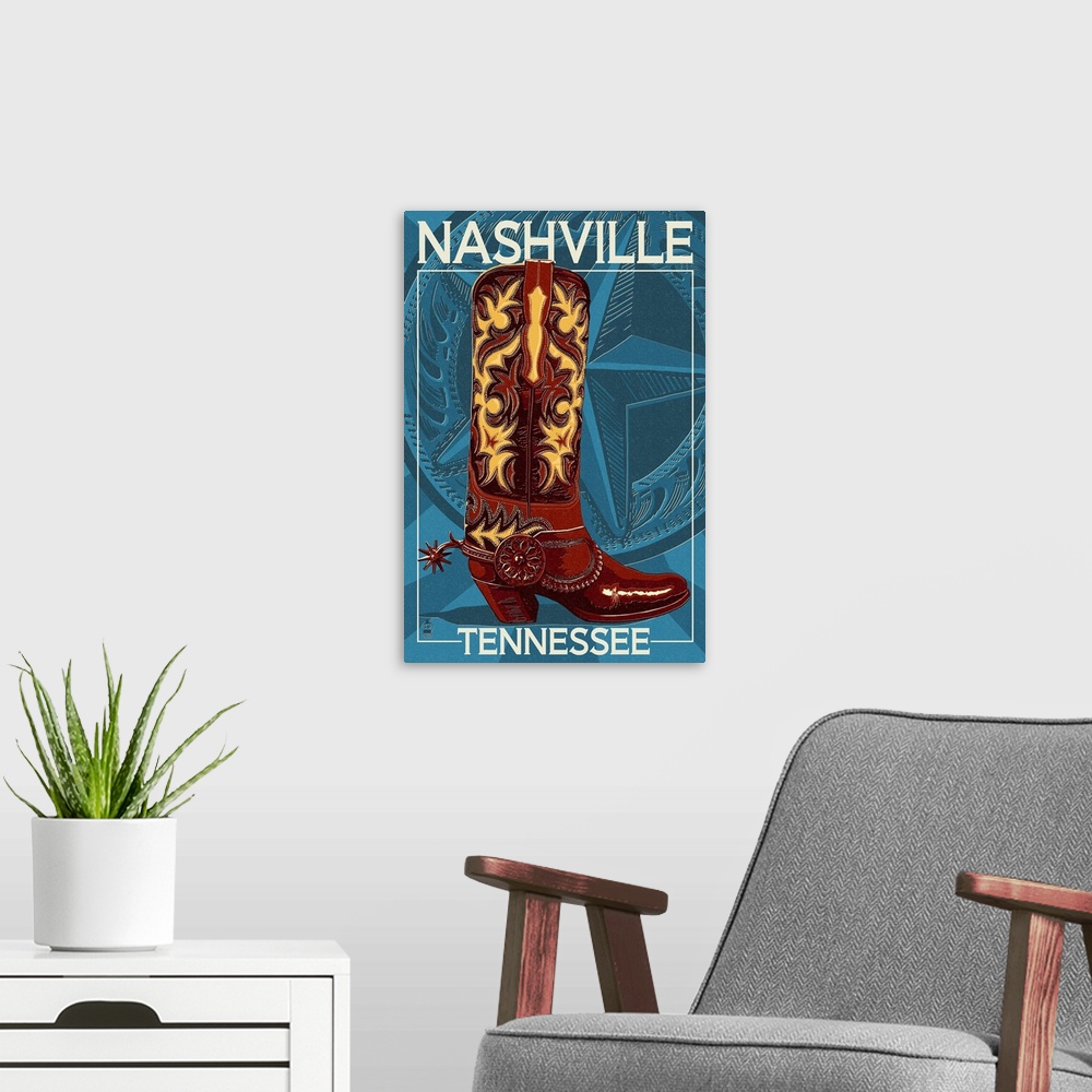 A modern room featuring Letterpress Boot - Nashville, Tennessee: Retro Travel Poster