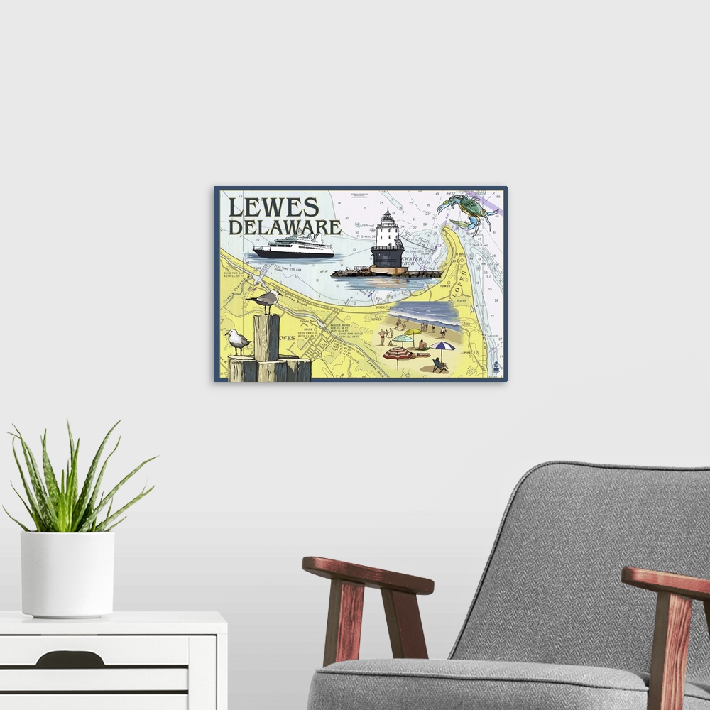 A modern room featuring Lewes, Delaware - Nautical Chart: Retro Travel Poster