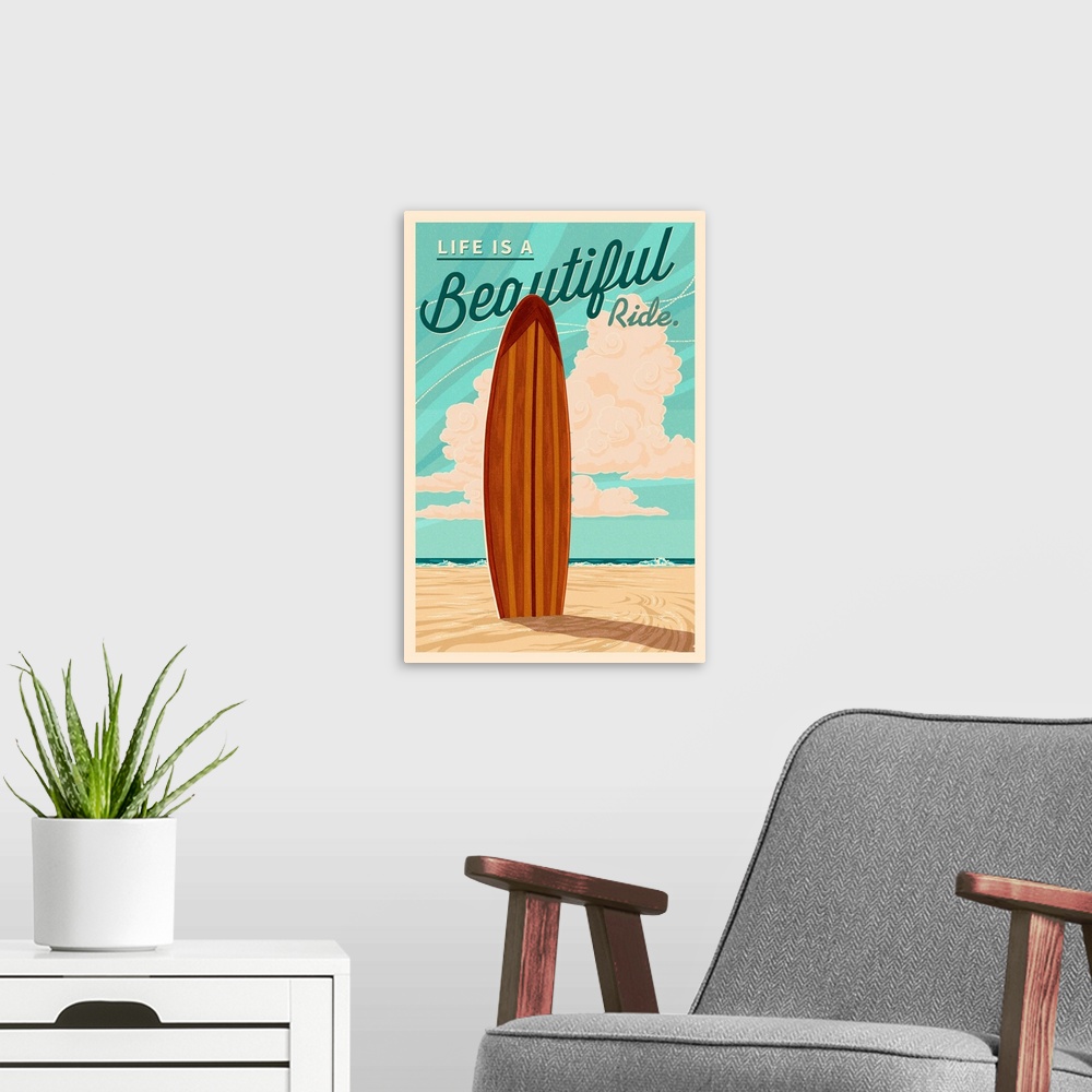 A modern room featuring Life is a Beautiful Ride, Surfboard, Letterpress