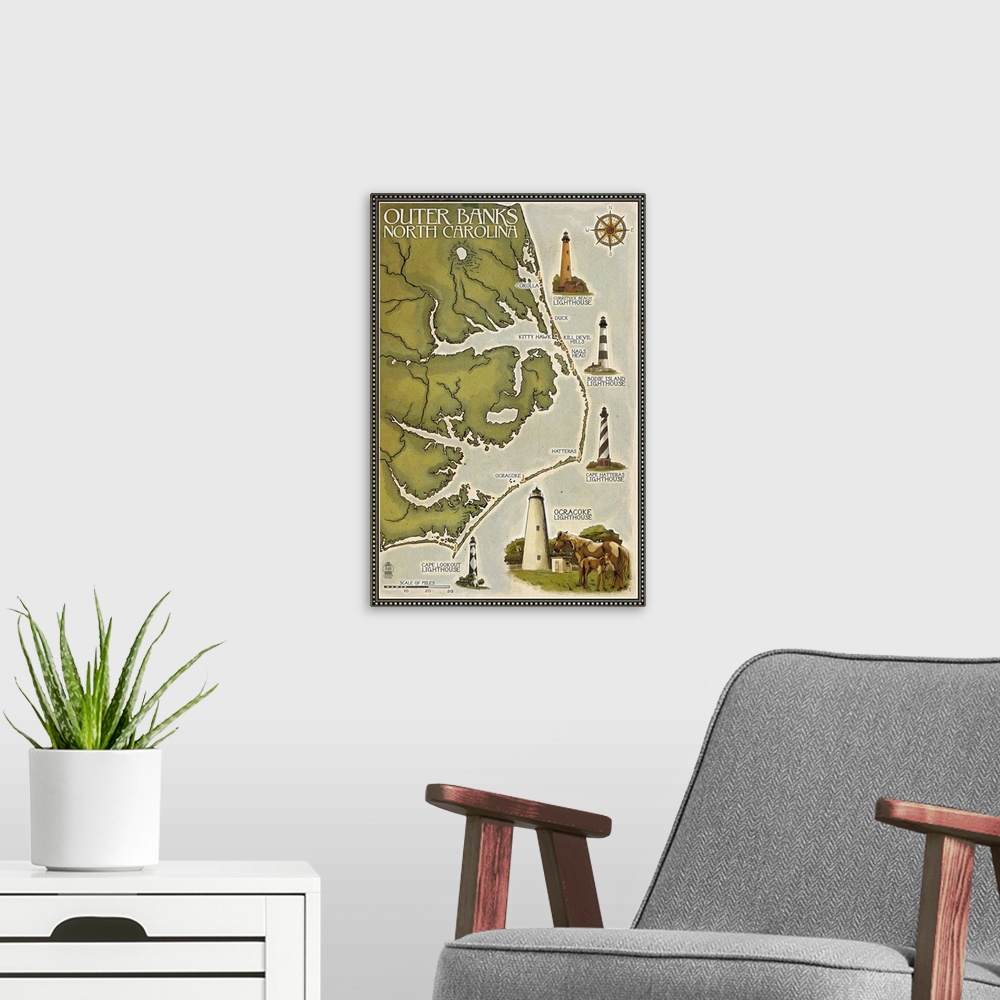 A modern room featuring Lighthouse and Town Map - Outer Banks, North Carolina: Retro Travel Poster