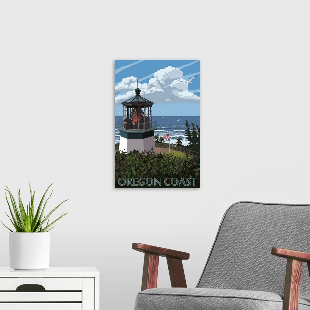 A modern room featuring Retro stylized art poster of a lighthouse and a blue ocean in the background, with fluffy clouds ...