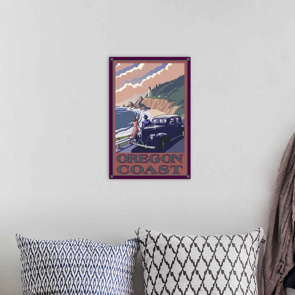 A bohemian room featuring Lighthouse View - Oregon Coast: Retro Travel Poster