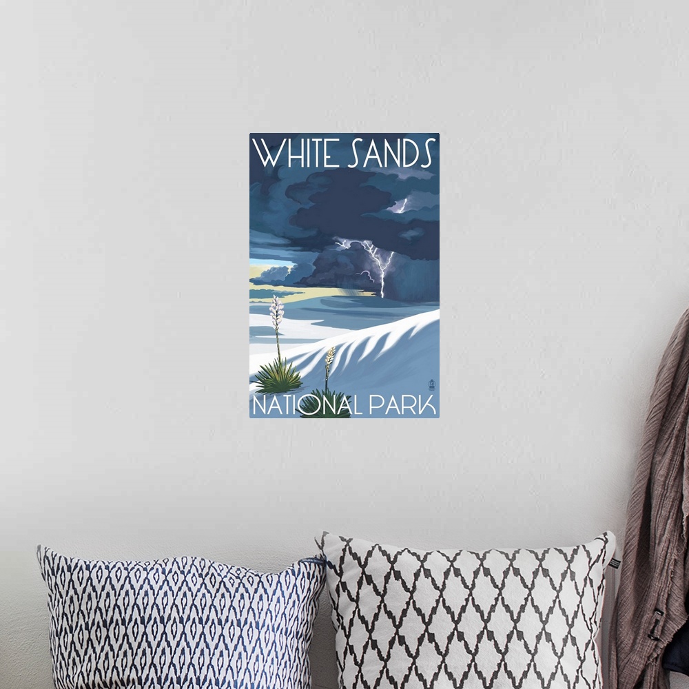 A bohemian room featuring Lightning At White Sands National Park: Retro Travel Poster